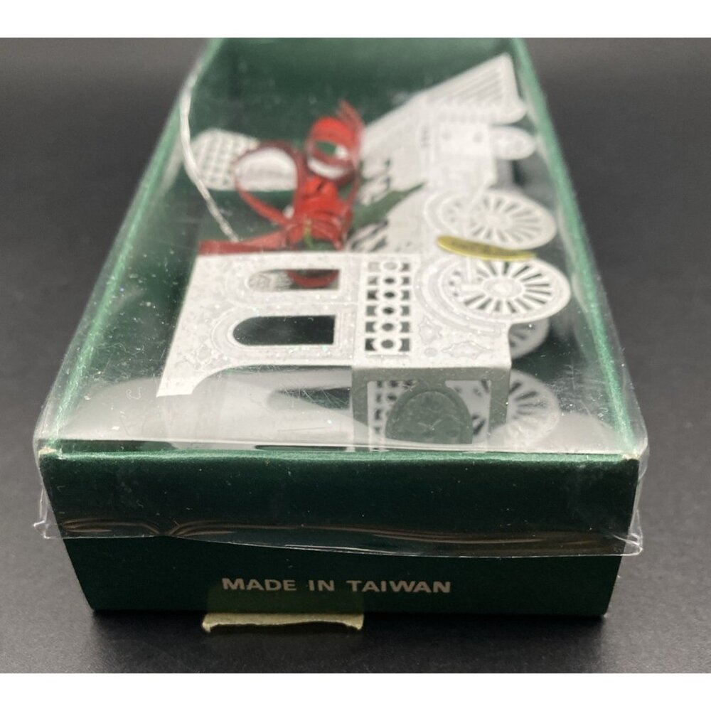 Vintage 1989 White Glitter Train Ornament Box Unbranded Metal Locomotive in Box - Picture 6 of 6